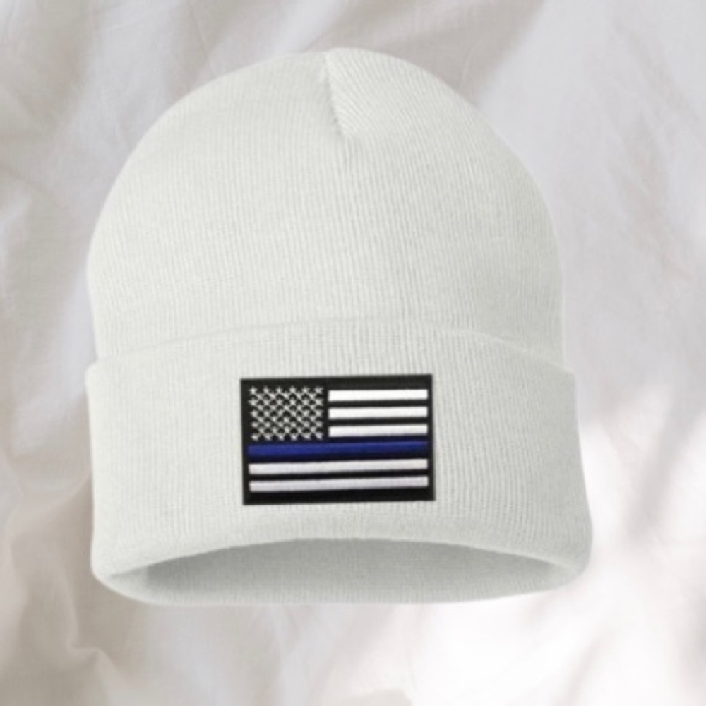 Thin Blue Line Embroidered Flag White Beanie